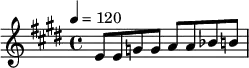 
\relative e' {\key e \major \tempo 4 = 120 e8 e8 g8 g8 a8 a8 bes8 b8 }

