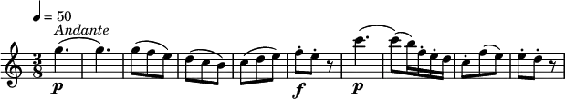 
\relative c'' {
  \version "2.18.2"
  \key c \major
  \numericTimeSignature
  \time 3/8
  \tempo 4 = 50
    g'4.\p^\markup {\italic Andante } (g4.)
    g8 (f e)  d (c b) c (d e)
    f-.\f e-. r8
    c'4.\p (c8) (b16) f-. e-. d
    c8-. f (e) e-. d-. r8
  }

