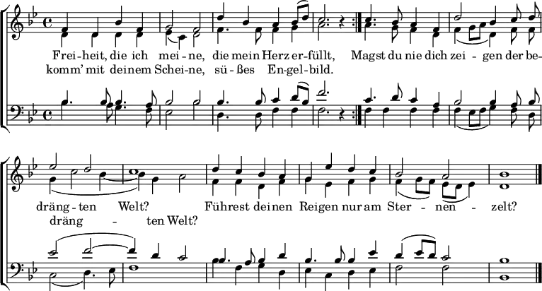 
\language "deutsch"
\header { tagline = ##f }
\layout { indent = 0 \context { \Score \remove "Bar_number_engraver" } }

global = { \key b \major \time 4/4 }

soprano = \relative c' { \global \set midiInstrument = "clarinet"
  \repeat volta 2 { f4 d b' f | g2 f | d'4 b a b8 (d) | c2. r4 | }
  c4. b8 a4 f | d'2 b4 c8 d\noBeam | es2 d | c1 |
  d4 c b a | g es' d c | b2 a | b1 \bar "|."
}

alto = \relative c' { \global \set midiInstrument = "clarinet"
  \repeat volta 2 { d4 d d d | es (c) d2 | f4. f8 f4 g | a2. r4 | }
  a4. g8 f4 d | f (g8 a d,4) f8 f\noBeam | g4 (c2 b4~ | b) g a2 |
  f4 f d f | g es f g | f (g8 f) es (d es4) | d1 \bar "|."
}

tenor = \relative c' { \global \set midiInstrument = "clarinet"
  \repeat volta 2 { b4. b8 b4. a8 | b2 b2 b4. b8 c4 d8 (b) | f'2. r4 | }
  c4. d8 c4 a | b2 b4 a8 b\noBeam | es2 (f~ | f4) d c2 |
  b4. a8 b4 d | b4. b8 b4 es | d (es8 d) c2 | b1 \bar "|."
}

bass = \relative c' { \global \set midiInstrument = "clarinet"
  \repeat volta 2 { b4. a8 g4. f8 | es2 b' | d,4. d8 f4 f | f2. r4 | }
  f4 f f f | f (es8 f g4) f8 d\noBeam | c2 (d4.) es8 | f1 |
  b4 f g d | es c d es | f2 f | b,1 \bar "|."
}

verse = \lyricmode {
  << { Frei -- heit, die ich mei -- ne, die mein Herz er -- füllt, }
     \new Lyrics { komm’ mit dei -- nem Schei -- ne, sü -- ßes En -- gel -- bild. } >>
  Magst du nie dich zei -- gen
  der be -- dräng -- ten Welt?
  Füh -- rest dei -- nen Rei -- gen
  nur am Ster -- nen -- zelt?
}
versealto = \lyricmode { \repeat unfold 18 { \skip 1 } dräng -- ten Welt? }

\score {
  \new ChoirStaff <<
    \new Staff \with { \consists "Merge_rests_engraver" }
    <<
      \new Voice = "soprano" { \voiceOne \soprano }
      \new Voice = "alto" { \voiceTwo \alto }
    >>
    \new Lyrics \with { \override VerticalAxisGroup #'staff-affinity = #CENTER }
      \lyricsto "soprano" \verse
      \new Lyrics \lyricsto "alto" \versealto
    \new Staff \with { \consists "Merge_rests_engraver" }
    <<
      \clef bass
      \new Voice = "tenor" { \voiceOne \tenor }
      \new Voice = "bass" { \voiceTwo \bass }
    >>
  >>
  \layout { }
}
\score { \unfoldRepeats { << \soprano \\ \alto \\ \tenor \\ \bass >> }
  \midi { \tempo 4=96
    \context { \Score midiChannelMapping = #'instrument }
    \context { \Staff \remove "Staff_performer" }
    \context { \Voice \consists "Staff_performer" }
  }
}
