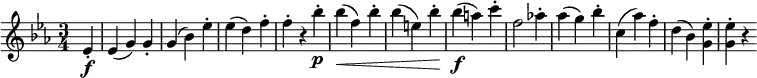 { \relative es' { \key es \major \time 3/4
\partial 4 es4-. \f | es4( g) g-. | g4( bes) es-. | es4( d) f-. | f4-. r bes-. \p |
bes4( \< f) bes-. | bes4( e,) bes'-. | bes4( \f a) c-. f,2 as!4-. |
as4( g) bes-. | c,4( as') f-. | d4( bes) <es g,>-. | <es g,>4-. r
}}