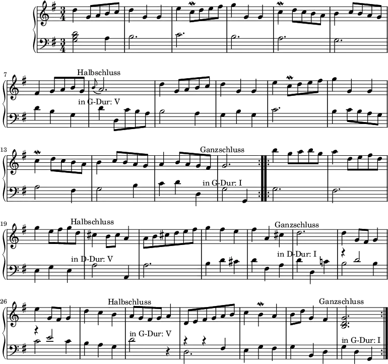 \version "2.14.2"
\header {
tagline = ##f
}
upper = \relative c'' {
\clef treble
\key g \major
\time 3/4
\tempo 2 = 72
%\autoBeamOff
\repeat volta 2 { d4 g,8 a b c | d4 g, g | e' c8\mordent d e fis | g4 g, g | c\mordent d8 c b a | b4 c8 b a g \break | fis4 g8 a b g | \grace b8(a2.)^\markup {\center-align "Halbschluss"} d4 g,8 a b c | d4 g, g | e' c8\mordent d e fis | g4 g, g \break | c\mordent d8 c b a | b4 c8 b a g | a4 b8 a g fis | g2.^\markup {\center-align "Ganzschluss"} }
\repeat volta 2 {
b'4 g8 a b g | a4 d,8 e fis d \break | g4 e8 fis g d | cis4^\markup {\center-align "Halbschluss"} b8 cis a4 | a8 b cis d e fis | g4 fis e | fis a, cis | d2.^\markup {\center-align "Ganzschluss"} |
d4 g,8 fis g4 \break | e' g,8 fis g4 | d' c b | a8^\markup {\center-align "Halbschluss"} g fis g a4 | d,8 e fis g a b | c4 b\mordent a | b8 d g,4 fis | <b, d g>2.^\markup {\center-align "Ganzschluss"} }
}
lower = \relative c' {
\clef bass
\key g \major
\time 3/4
< g b d >2 a4 | b2. c2. b2. a2. g2. | d'4 b g | d'^\markup {\center-align "in G-Dur: V"} d,8 c' b a
b2 a4 | g b g c2. b4 c8 b a g a2 fis4 | g2 b4 | c d d, g2^\markup {\center-align "in G-Dur: I"} g,4
g'2. fis e4 g e a2^\markup {\center-align "in D-Dur: V"} a,4 a'2. b4 d cis d fis, a d^\markup {\center-align "in D-Dur: I"} d, c'!
<<
{
\voiceOne
r4 d2 r4 e2
}
\new Voice {
\voiceTwo
b2 b4 c2 c4
}
>>
\oneVoice
b a g d'2^"in G-Dur: V" r4
<<
{
\voiceOne
r4 r fis,
}
\new Voice {
\voiceTwo
d2.
}
>>
\oneVoice
e4 g fis g b, d g^\markup {"in G-Dur: I"} d g,
}
\score {
\new PianoStaff <<
\new Staff = "upper" \upper
\new Staff = "lower" \lower
>>
\layout {
\context {
\Score
\remove "Metronome_mark_engraver"
}
}
\midi { }
}