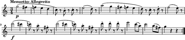 
\relative c'' {
  \version "2.18.2"
    \key c \major
    \time 3/4
    \set Staff.midiInstrument = "string ensemble 1"
    \tempo "Menuetto: Allegretto"
    \tempo 4 = 130
    g'2\p (fis4 f! e d c8)  r8 b8-. r8 c-. r8
   e2 (d8) r8
   a'2 (g4 fis f e d8) r8 c8-. r8 d-. r8
   f2 (e8) r8
   d'2\f (cis4 c!8) r8 a-. r8 fis-. r8
   d'2 (cis4 c!8) r8 a-. r8 fis-. r8
   d'-. r8  d-. r8  d-. r8
   e2 c8 (a)
   c2 a8 (fis)
   g4 r4 r4 \bar ":|."
  }
