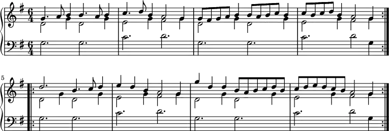  { \relative f'
 \new PianoStaff <<
   \new Staff
   {  \clef violin \key g \major \time 6/4
   <<   { \repeat volta 2 { g4. a8 b4 b4. a8 b4 c4. d8 b4 a2 g4 g8 fis g a b4 b8 a b c b4 c8 b c d b4 a2 g4 } \repeat volta 2{ d'2. b4. c8 d4 e d b a2 g4 g' d d b8 a b c d b c d e d c b a2 g4  } }
        \\
        { d2 g4 d2 g4 e2 g4 fis2 g4 d2 g4 d2 g4 e2 g4 fis2 g4 d2 g4 d2 g4 e2 g4 fis2 g4 d2 g4 d2 g4 e2 g4 fis2 g4 }
   >> }
   \new Staff
   {  \clef bass \key g \major \time 6/4
   <<   { g,2. g2. c2. d2. g,2. g2. c2. d2 g,4 g2. g2. c2. d2. g,2. g2. c2. d2 g,4 }
   >> }
>> } 