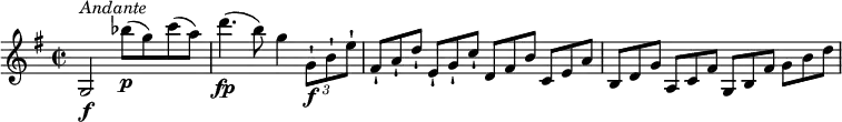 
\relative c'' {
  \version "2.18.2"
  \key g \major
   \time 2/2
  g,2 \f^\markup { \italic { Andante} } bes''8\p (g) c (a)
  d4. \fp (b8) g4 \tuplet 3/2 { g,8-!\f b-! e-! } \scaleDurations 2/3 { fis,8-! [a-! d-!] } \scaleDurations 2/3 {e,-! [g-! c-!]} \scaleDurations 2/3 {d, [fis b]} \scaleDurations 2/3 {c, [e a]}
  \scaleDurations 2/3 {b, [d g]} \scaleDurations 2/3 {a, [c fis]} \scaleDurations 2/3 {g, [b fis']} \scaleDurations 2/3 {g [b d]}
}
