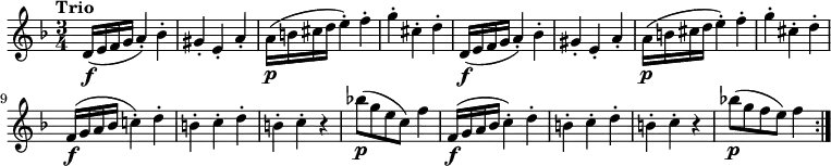\relative c' {
\version "2.18.2"
\clef "treble"
\tempo "Trio"
\key f \major
\time 3/4
d16 \f (e f g a4-.) bes-.
gis-. e-. a-.
a16 \p (b cis d e4-.) f-.
g-. cis,-. d-.
d,16 \f (e f g a4-.) bes-.
gis-. e-. a-.
a16 \p (b cis d e4-.) f-.
g-. cis,-. d-.
f,16 \f (g a bes c!4-.) d-.
b-. c-. d-.
b-. c-. r4
bes'!8 \p (g e c) f4
f, 16 \f (g a bes c4-.) d-.
b-. c-. d-.
b-. c-. r4
bes'!8 \p (g f e ) f4 \bar ":|."
}