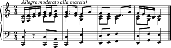 {
\set Score.tempoHideNote = ##t
\new PianoStaff <<
\new Staff { \clef violin \key c \major \time 2/4 \tempo 4 = 60
<e c'>16^\markup{\italic{Allegro moderato alla marcia)}} <f d'> <c' e'> <d' f'>
<< { \voiceOne
<e' g'>16 <d' f'> <e' a'>8
<e' g'>8. <d' f'>16 e'8 g'
f'8 e' d'8. g'16
f'16 e' d' b c'4
}
\new Voice { \voiceTwo
c'8 c'
c'4 <g c'>
<a c'>8 <a c'> <a c'>4
<a c'>8 g g4
} >> \oneVoice
\bar "|."
}
\new Staff { \clef bass \key c \major \time 2/4
<c, c>8 r <c, c> <a,, a,>
<c, c>4 <e, e>
<d, d>8 <e, e> <f, f>4
<d, d>8 <g, f> <e, e>4 \bar "|."
}
>> }
