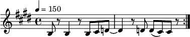 \relative c {
\set Staff.midiInstrument = #"overdriven guitar"
\key e \major
\tempo 4 = 150
\transposition c
b'8 r8 b4 r8 b8 cis8 d8~ | d4 r8 d8 d8 (cis8) cis8 r8 \bar ":|."
}