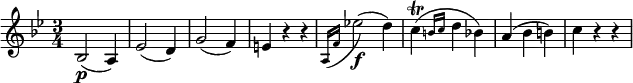 \relative bes {
\key bes \major \time 3/4
bes2( \p a4) | es'2( d4) | g2( f4) | e4 r r
\appoggiatura { a,16 f' } es'!2( \f d4) | \afterGrace c4( \trill { b16 c } d4 bes)
a4( bes b) | c4 r r
}