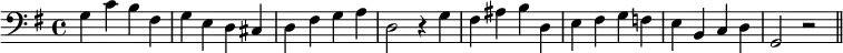 
  \new Staff {
  \key g \major
    \new Voice = "right" {
      \relative c' { \clef "bass" g4 c b fis g e d cis d fis g a d,2 r4 g fis ais b d, e fis g f e b c d g,2 r \bar "||"
      }
    }
  }
