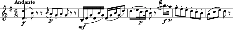 
\relative c'' {
  \version "2.18.2"
  \key g \major
  \time 6/8
  \tempo "Andante"
  \tempo 4 = 80
  <d, d'>4. \f (b'8) r8 r8
  \grace b16 (a8)-. \p g-. a-. g r8 r8
  b,16\mf ([ d g d b' g]) d ( [g b g d'8])
  d8. (e16 c16.\p d32) b8-! r8 \grace {g'32 ([a]} b16.)\f a32\p
  g8-. fis-. e-. d-. c-. b-.
  a (c e) d r8
}

