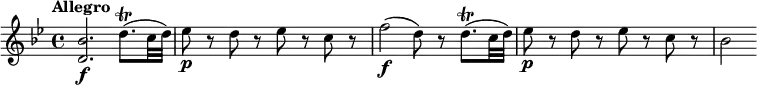 \relative c'' {
\override Score.NonMusicalPaperColumn #'line-break-permission = ##f
\version "2.18.2"
\key bes \major
\tempo "Allegro"
\tempo 4 = 140
<bes d,>2.\f d8.\trill( c32 d) |
es8\p r d r es r c r |
f2\f (d8) r d8.\trill( c32 d) |
es8\p r d r es r c r |
bes2
}