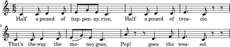 
 \relative c'{
 \time 6/8
   c4 c8 d4 d8  e8 g8 e8 c4.  c4 c8 d4 d8  e4. c8 r8 r8  c4 c8 d4 d8  e8 (g8) e8 c4.  a'8 r8 r8 d,4 f8  e4. c8 r8 r8
}
\addlyrics {
Half4 a8 pound4 of8 | tup- pen- ny. rice,4.
Half4 a8 pound4 of8 trea-4. cle.8
That’s4 the8 way4 the8 mo-8 ney8 goes,4.
Pop!4 goes4 the8 wea- sel.4.
  }
