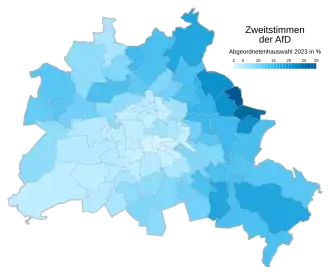 Alternative für Deutschland ﻿Höchstwerte: 28,0 % (Marzahn-Hellersdorf 1) ﻿Tiefstwerte: 2,0 % (Friedrichshain-Kreuzberg 2)