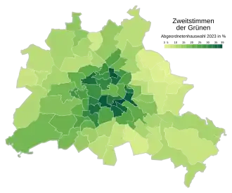 Bündnis 90/Die Grünen ﻿Höchstwerte: 38,3 % (Friedrichshain-Kreuzberg 2) ﻿Tiefstwerte: 3,5 % (Marzahn-Hellersdorf 1)