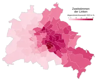 Die Linke ﻿Höchstwerte: 25,7 % (Neukölln 2) ﻿Tiefstwerte: 3,3 % (Spandau 5)