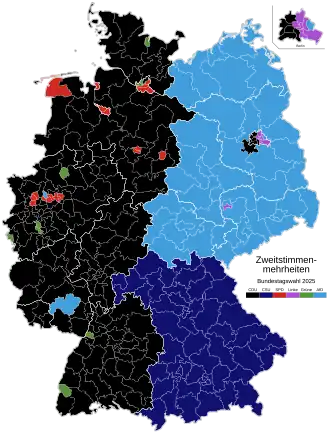 Zweitstimmenmehrheiten in den Wahlkreisen ﻿CDU: 170 ﻿AfD: 49 ﻿CSU: 47 ﻿SPD: 17 ﻿Grüne: 9 ﻿Linke: 7