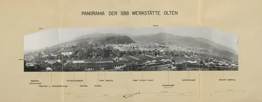 Panorama der SBB-Hauptwerkstätte Olten mit Stadt Olten Trimbach und Juragebirge im Hintergrund