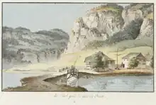 Holzbrücke Pont de la Goille bei den Häusern von Le Pont (Johann Ludwig Aberli 1782)