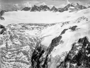 Die Kette der Aiguilles Dorées von Norden; am oberen Bildrand über dem Trientgletscher (1909)