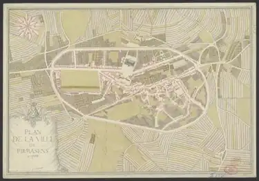 Stadtplan von ca. 1790, gezeichnet von Johann Michael Petzinger, links der Exerzierplatz