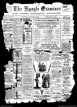 Titelseite des Kyogle Examiner am 6. Januar 1912.