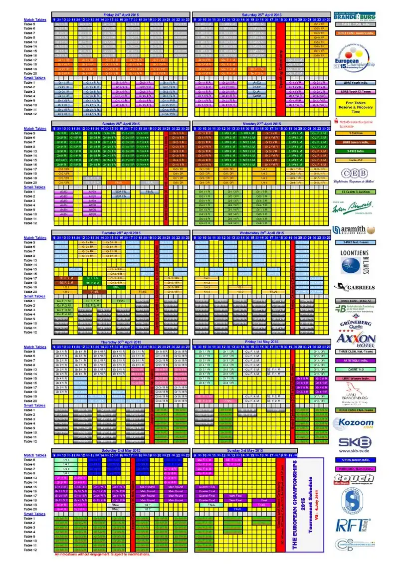 Zeitplan der Karambolage-Europameisterschaften 2013