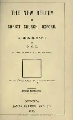 Unter dem Titel "The New Belfry of Christ Church, Oxford" ist ein Quadrat zu sehen, beschriftet als "East view of the new Belfry, Ch. Ch., as seen from the Meadow."